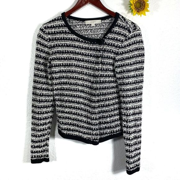 Ann Taylor LOFT Diagonal Zippered Tweed Boucle Knit Zip Up Jacket Size Medium - Picture 1 of 10